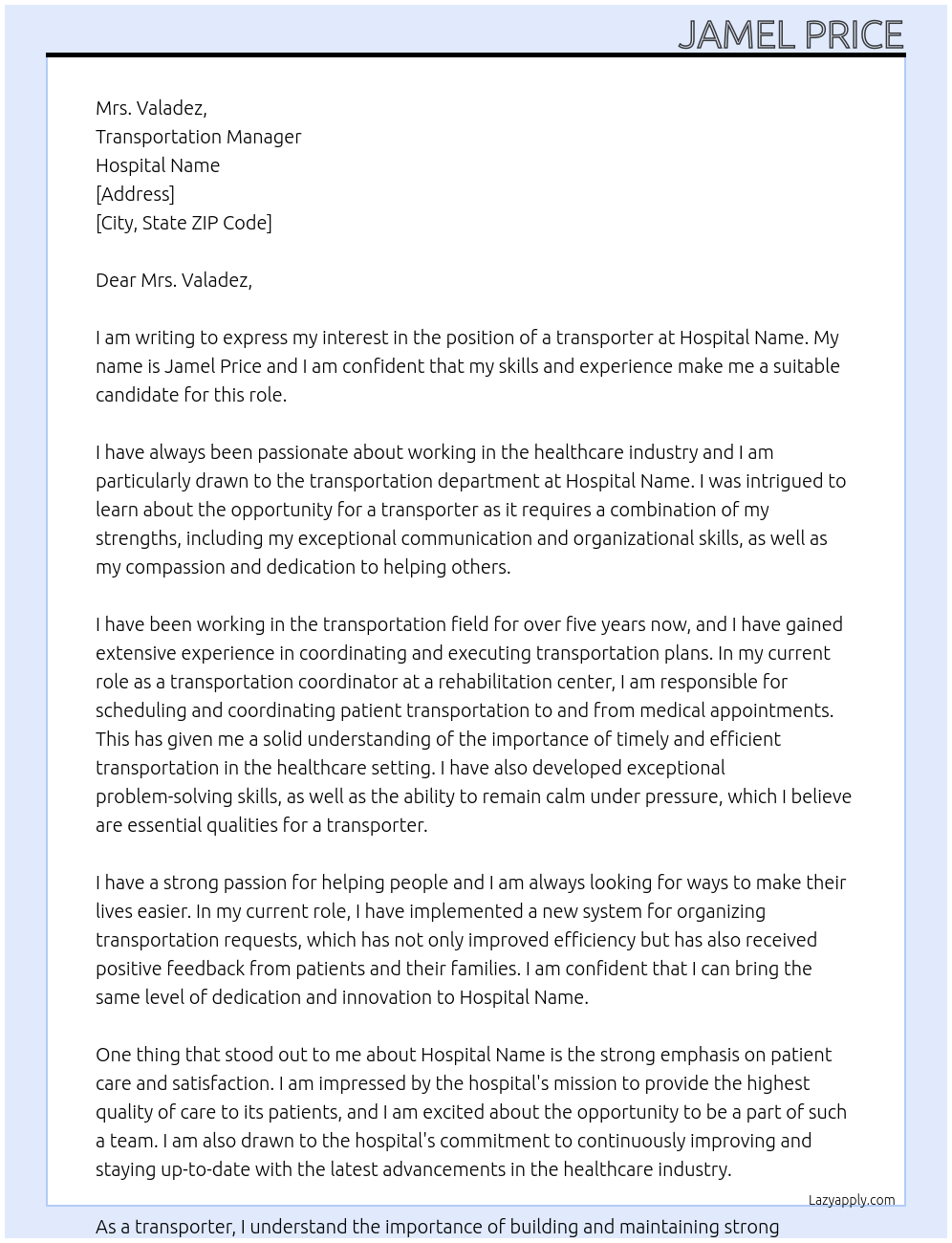transporter At hospital Cover Letter
