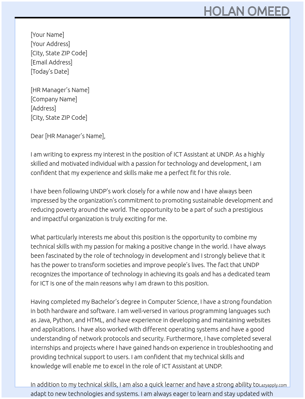 ICT Assistant  At UNDP Cover Letter