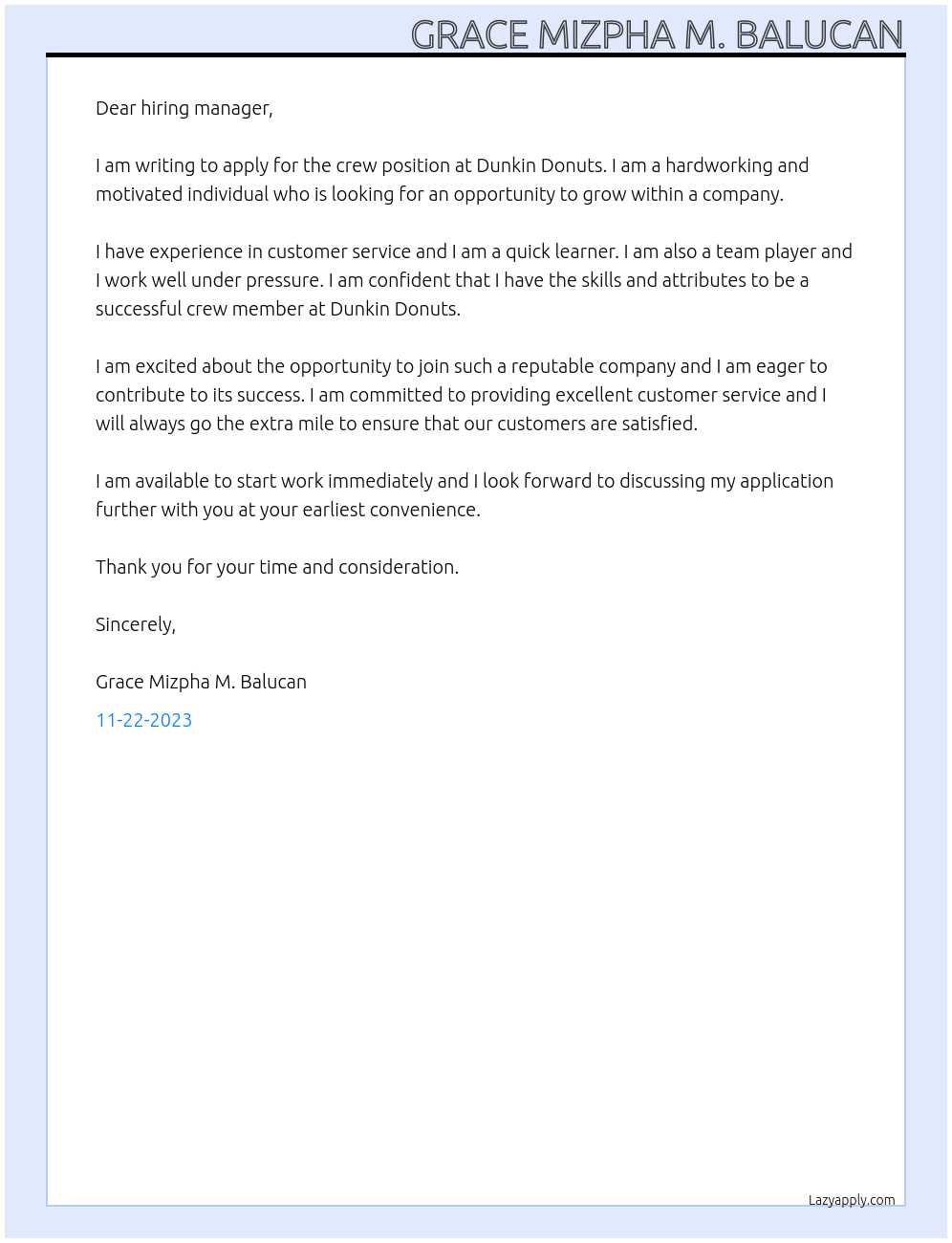 crew At dunkin donut Cover Letter