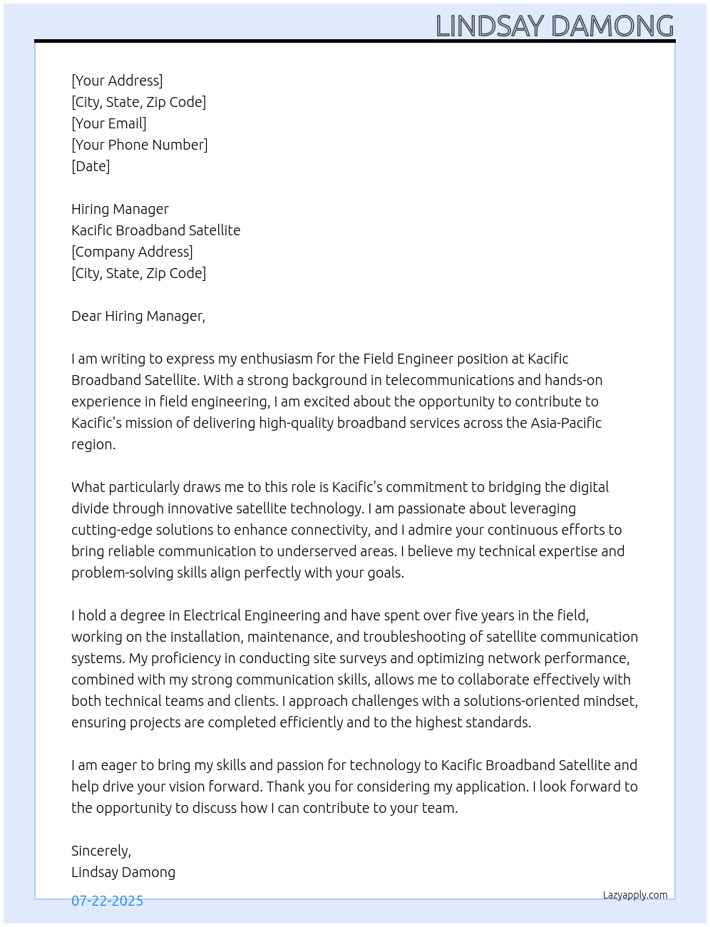 Cover letter for field engineer - LazyApply