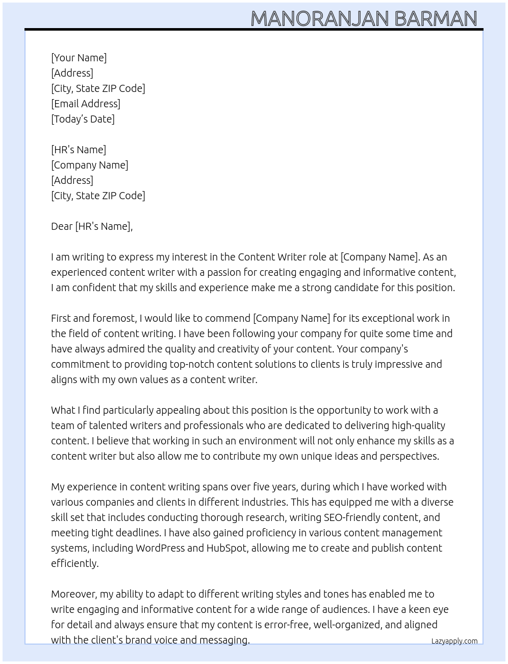 Content Writting  At Content Writting  Cover Letter
