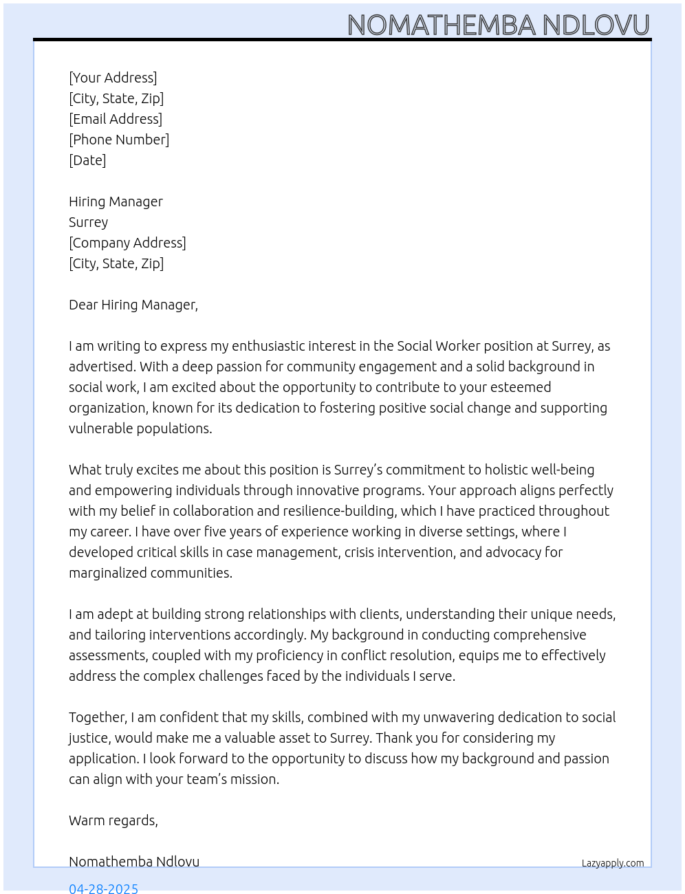 Social Worker At Surrey Cover Letter