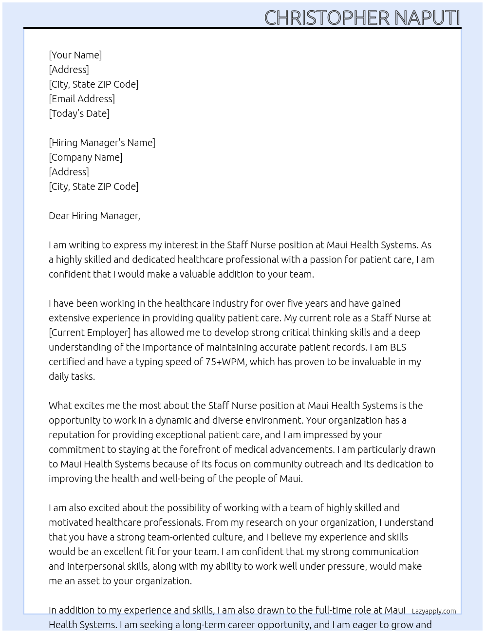 Staff Nurse At Maui Health Systems Cover Letter