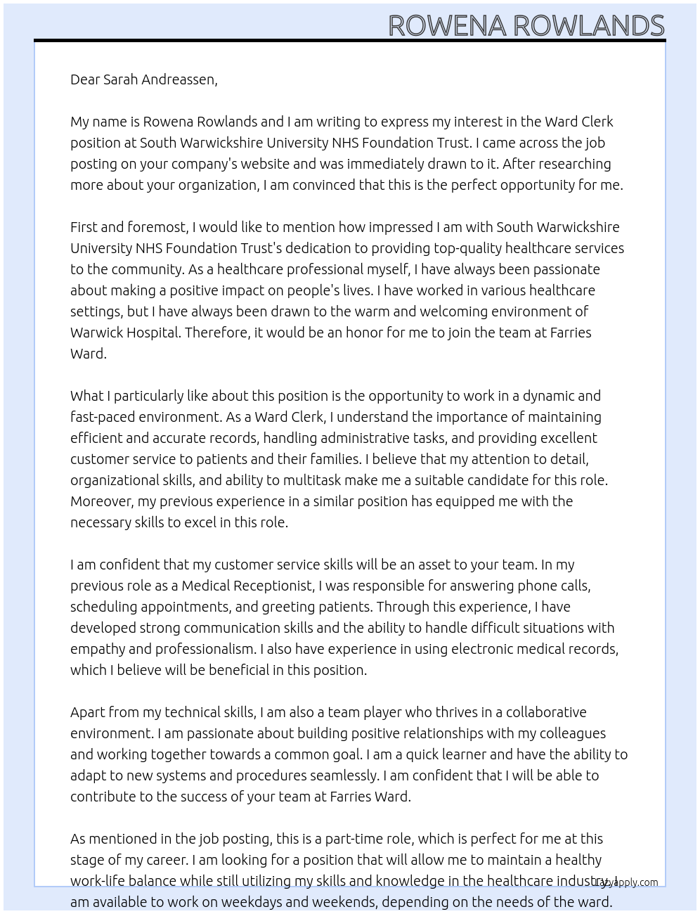 Ward Clerk At South Warwickshire University NHS Foundation Trust Cover Letter