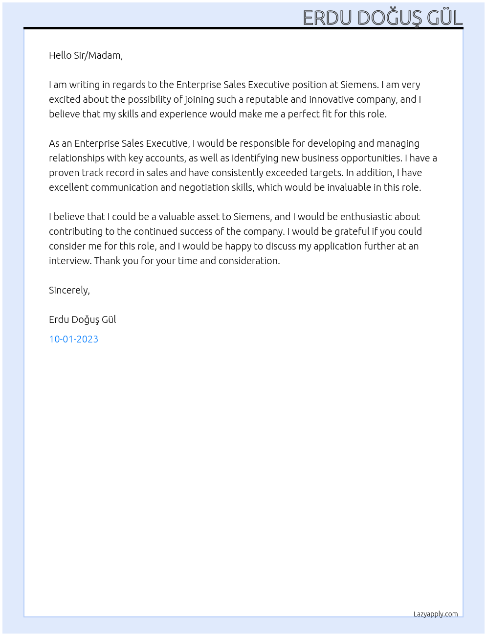 Enterprise Sales Executive At Siemens Cover Letter