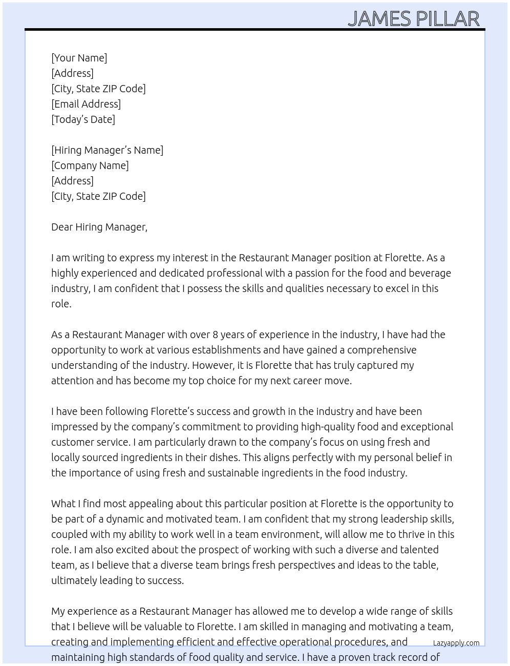 Restaurant Manager At Florette Cover Letter