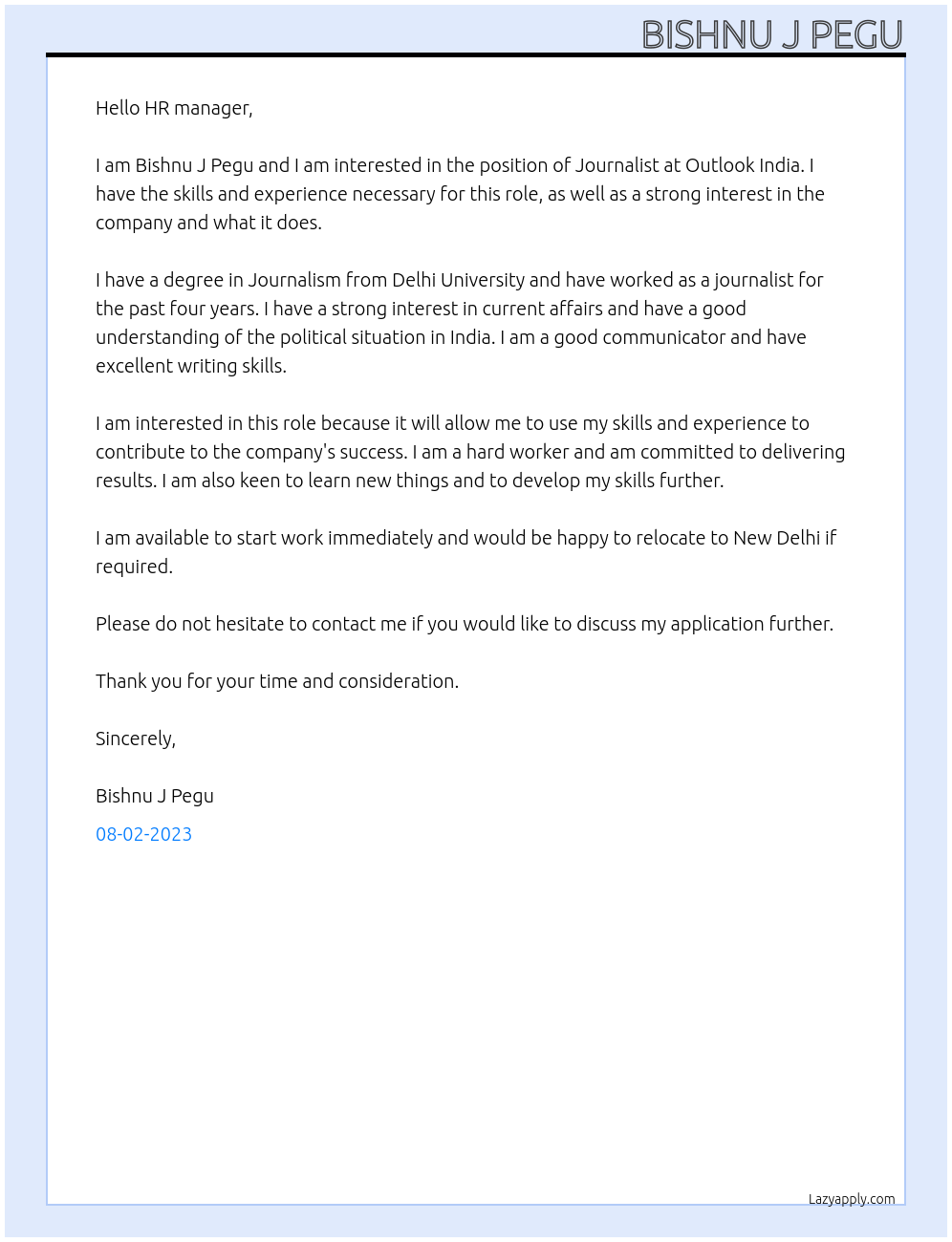 Journalist At Outlook India Cover Letter