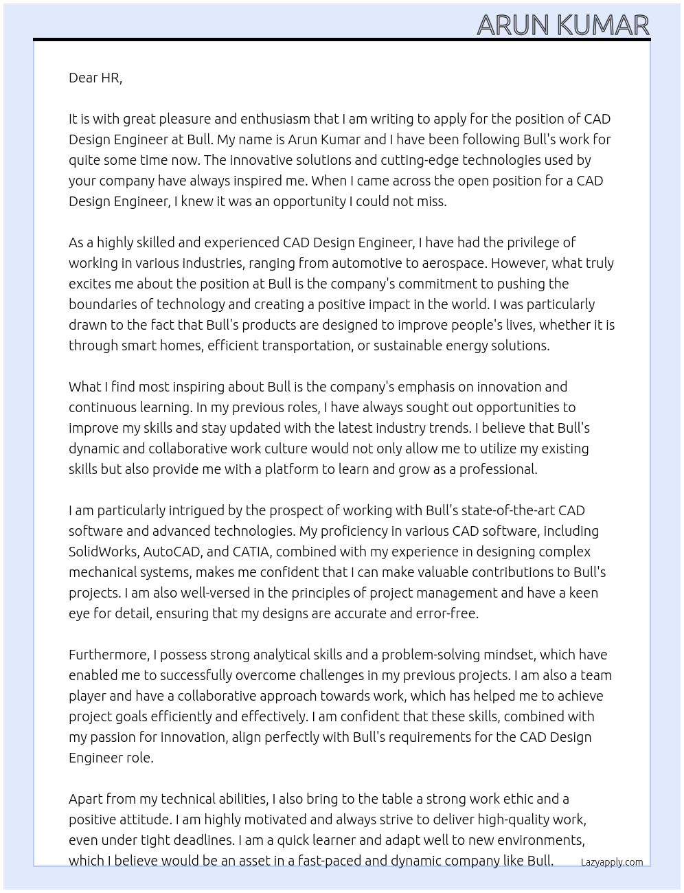 CAD Design Engineer At Bull Cover Letter