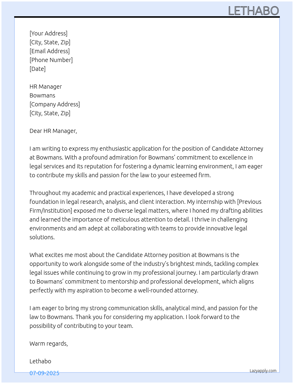 candidate attorney At bowmans Cover Letter