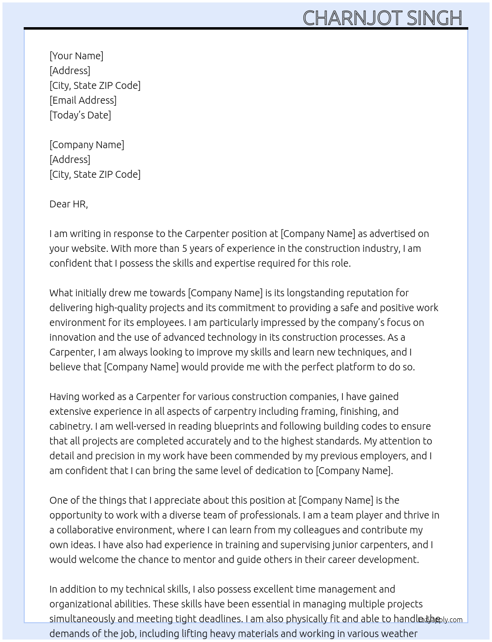 Carpenter  At Any company  Cover Letter