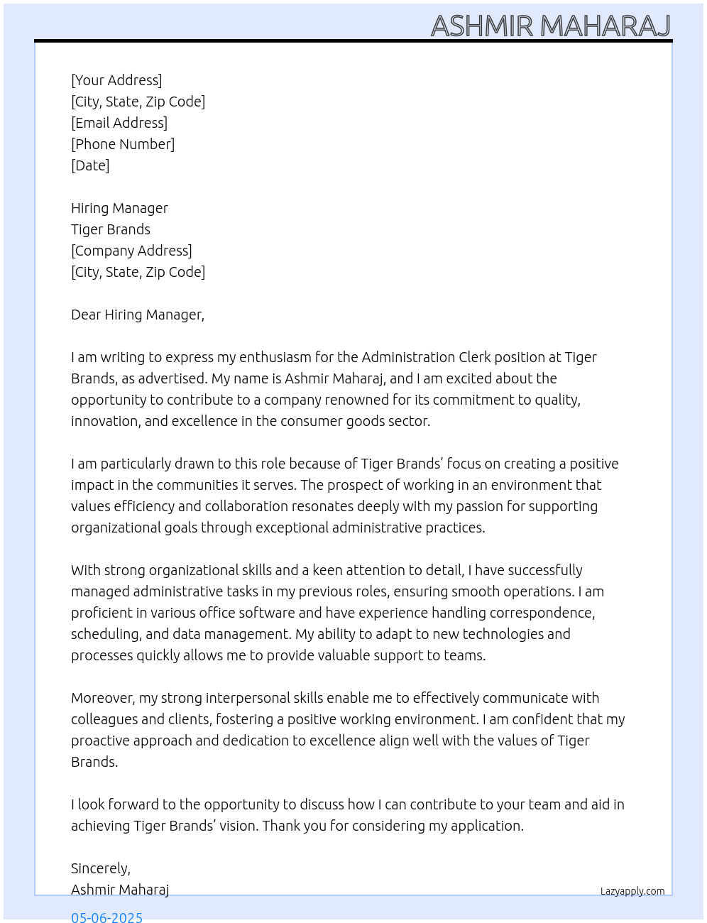 Administration Clerk At Tiger Brands Cover Letter