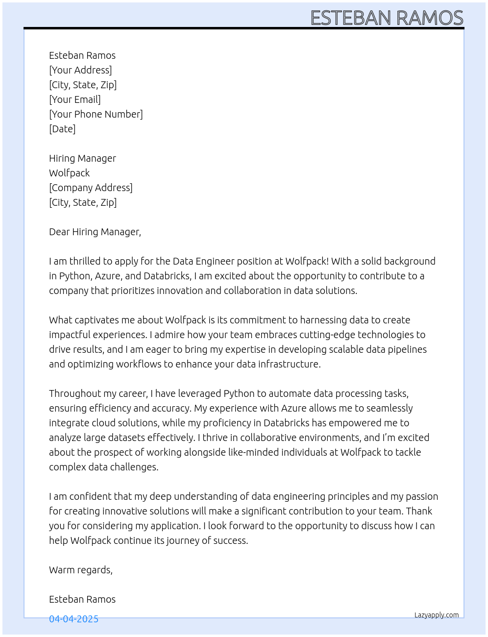 Data Engineer At Wolfpack Cover Letter
