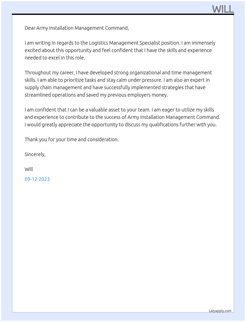 Logistics Management Specialist At  Army Installation Management Command Cover Letter