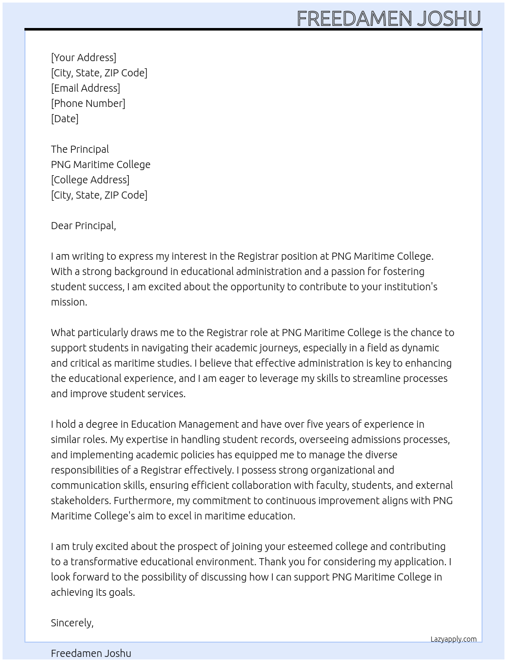 Cover letter for registrar - LazyApply