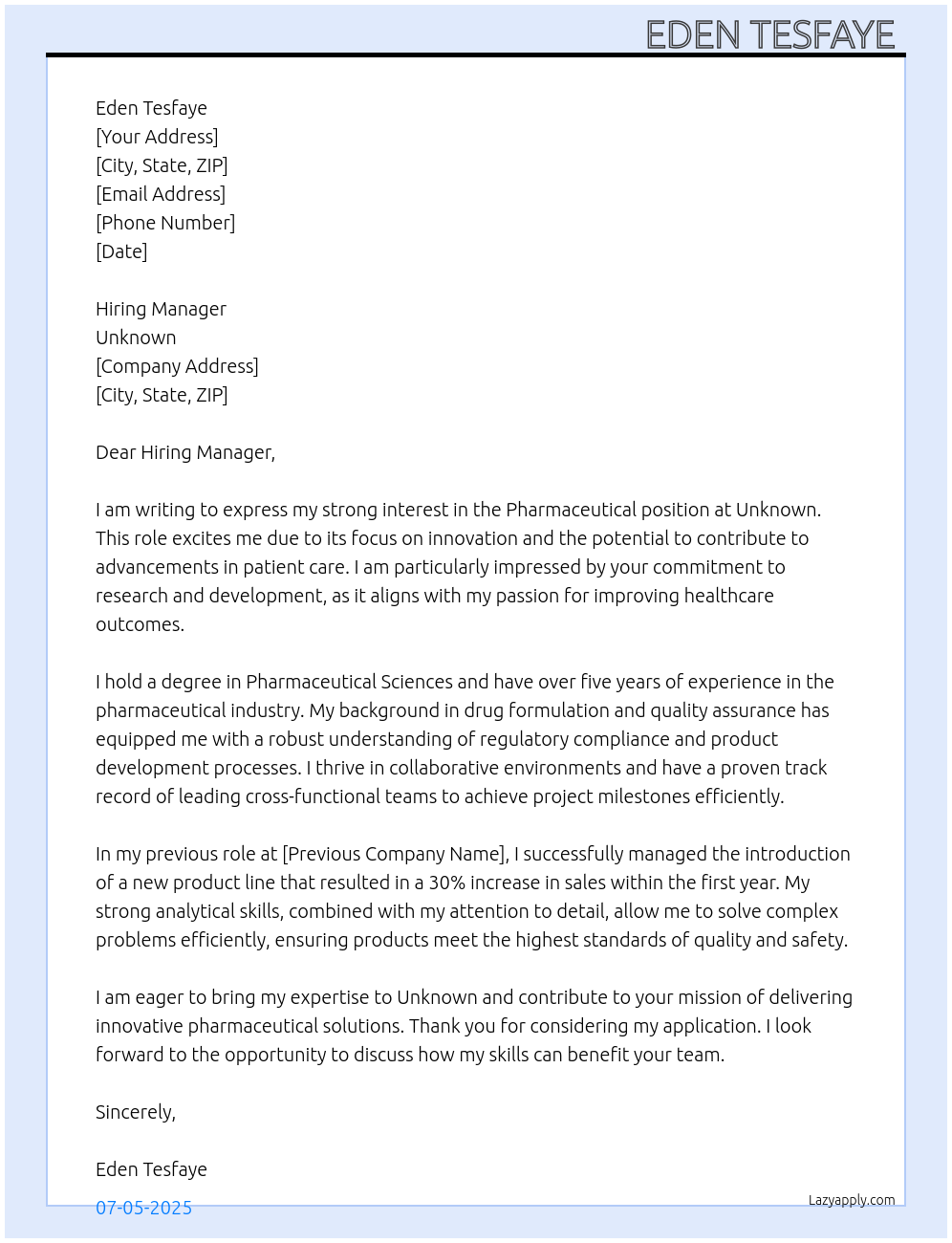 Pharmaceutical At Unknown Cover Letter
