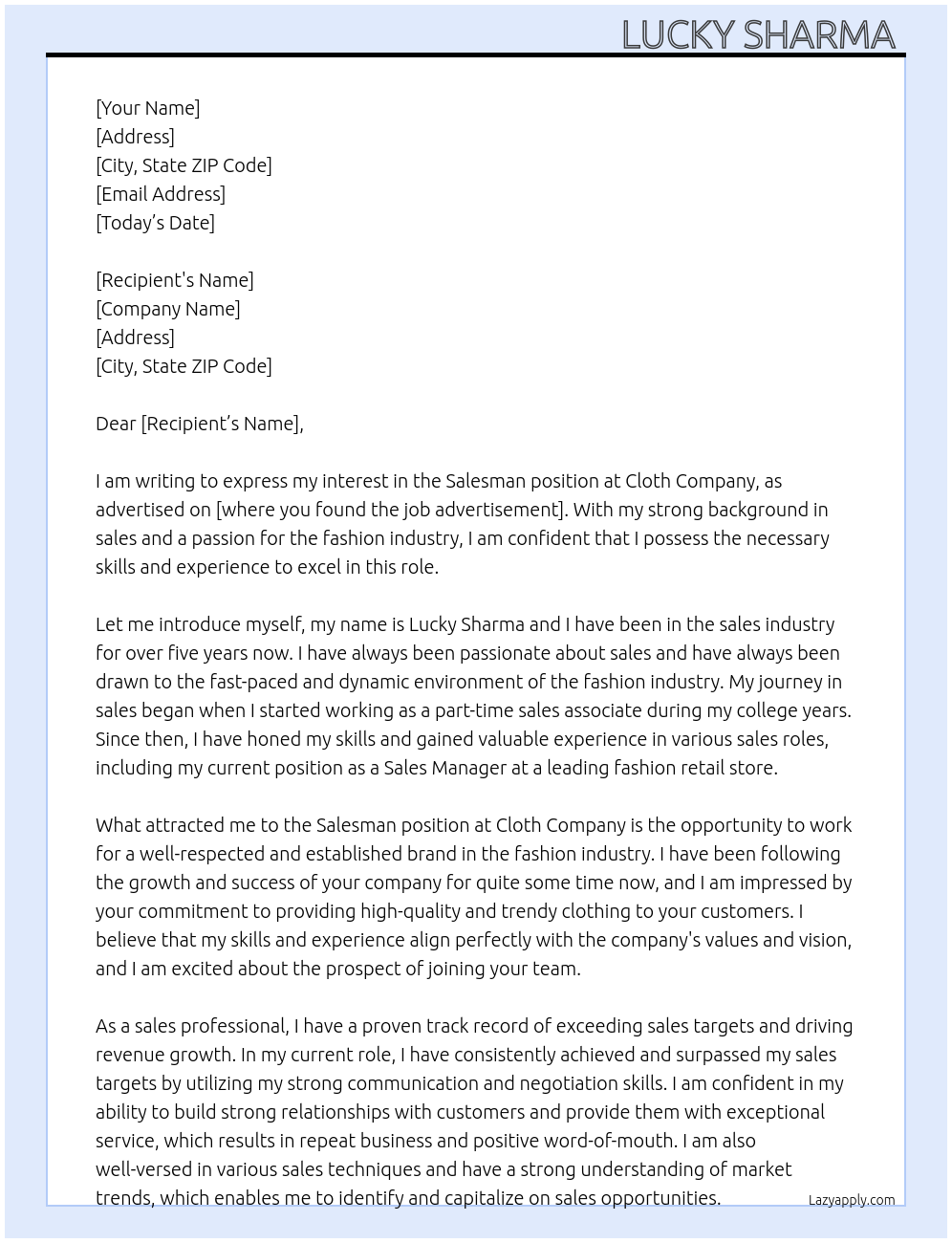 Salesman At Cloth company Cover Letter