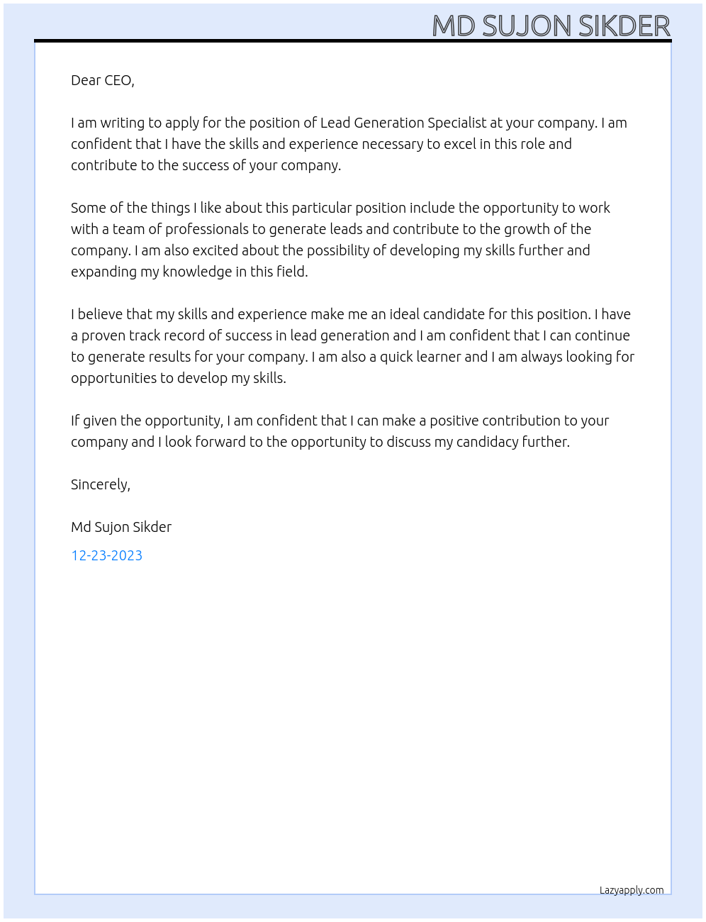 Lead generation Specialist At any Cover Letter