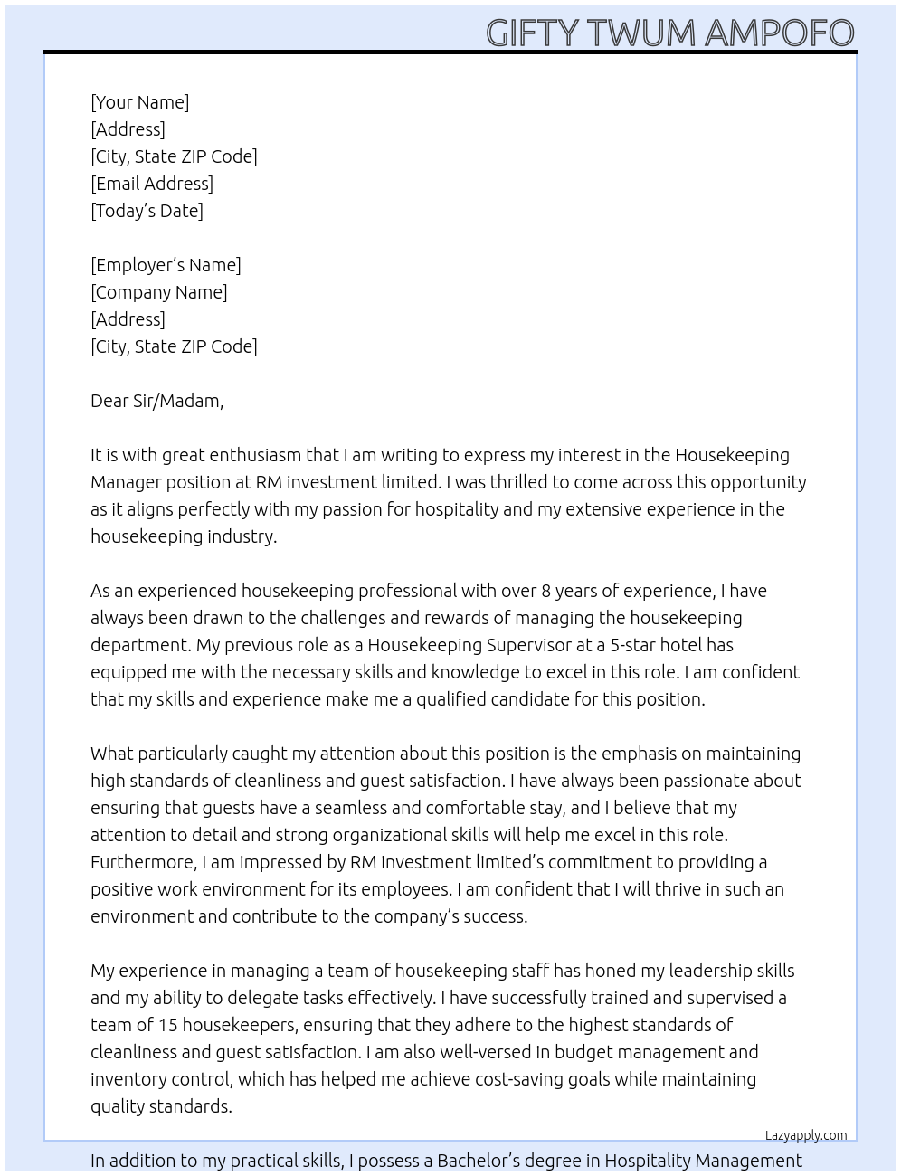 House keeping manager At RM investment limited Cover Letter