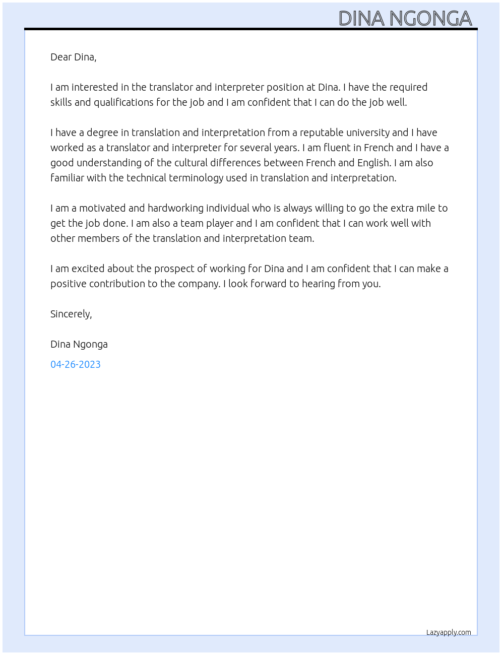 Translator and interpreter  At Dina Cover Letter