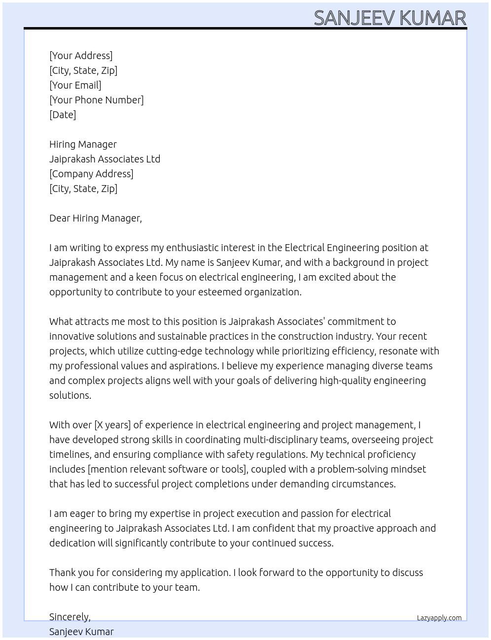 Electrical Engineering At Jaiprakash Associates Ltd Cover Letter