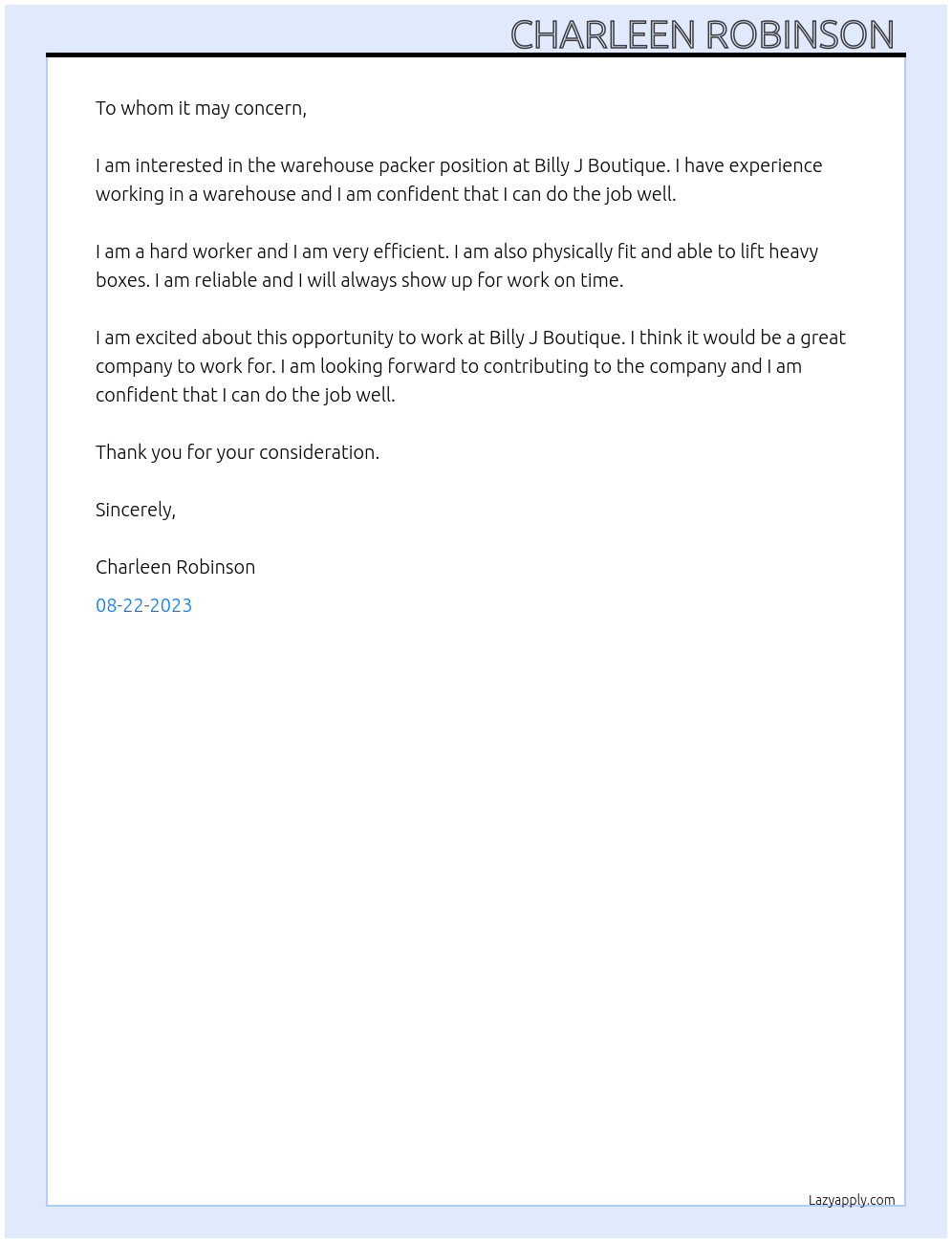 Warehouse packer  At Billy J Boutique  Cover Letter