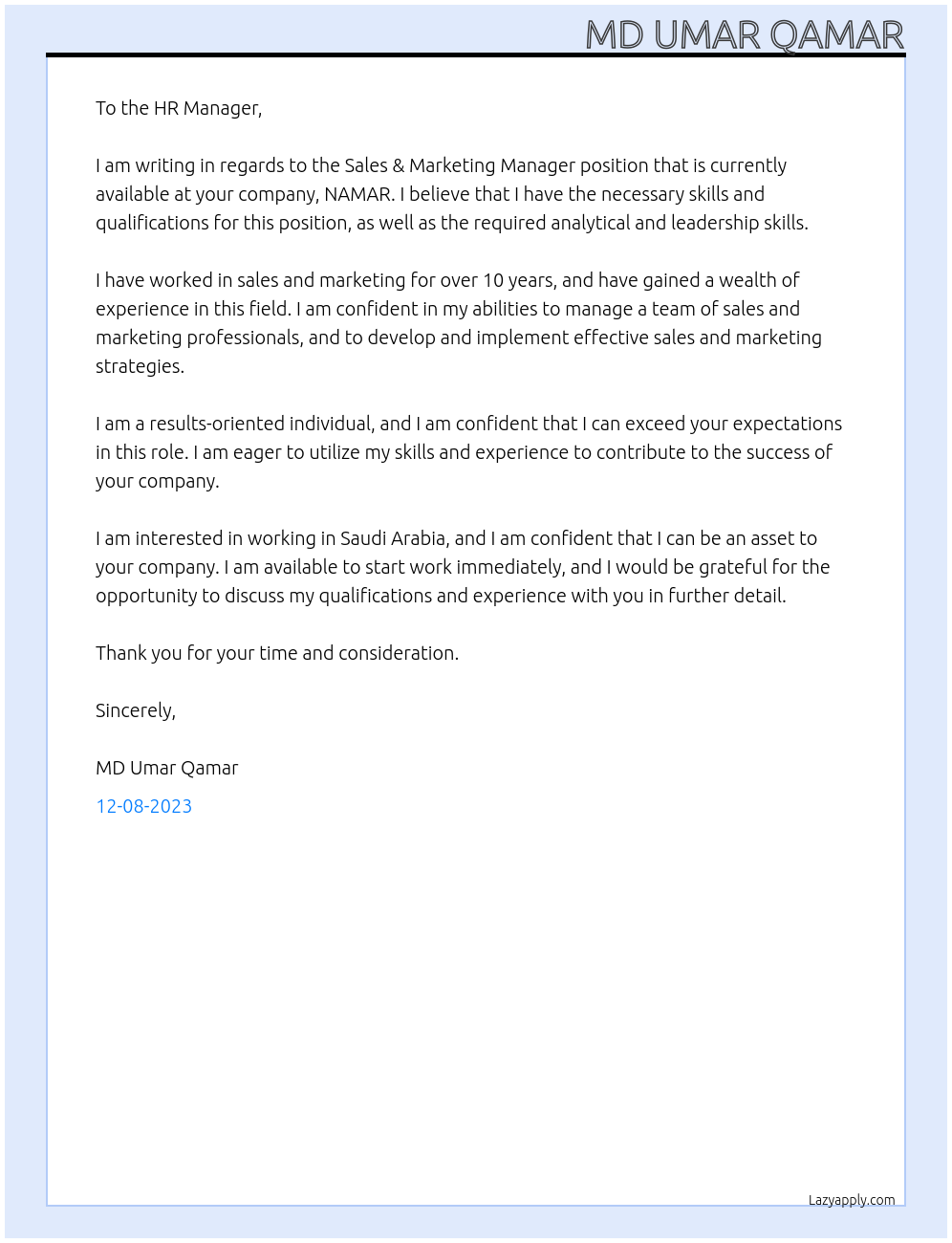 sales & marketing manager At NAMAR Cover Letter