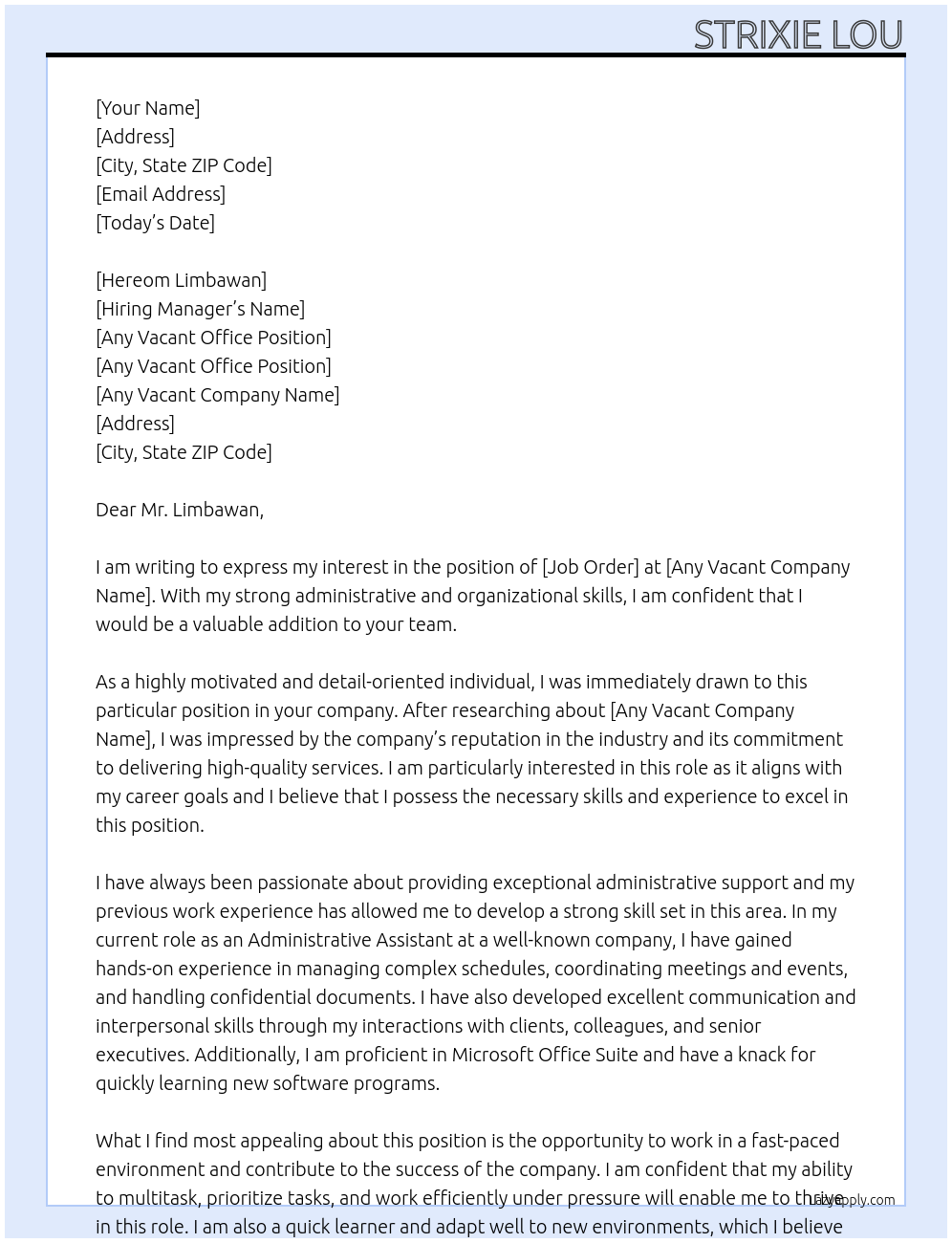 Job order At Any Vacant Office Position  Cover Letter