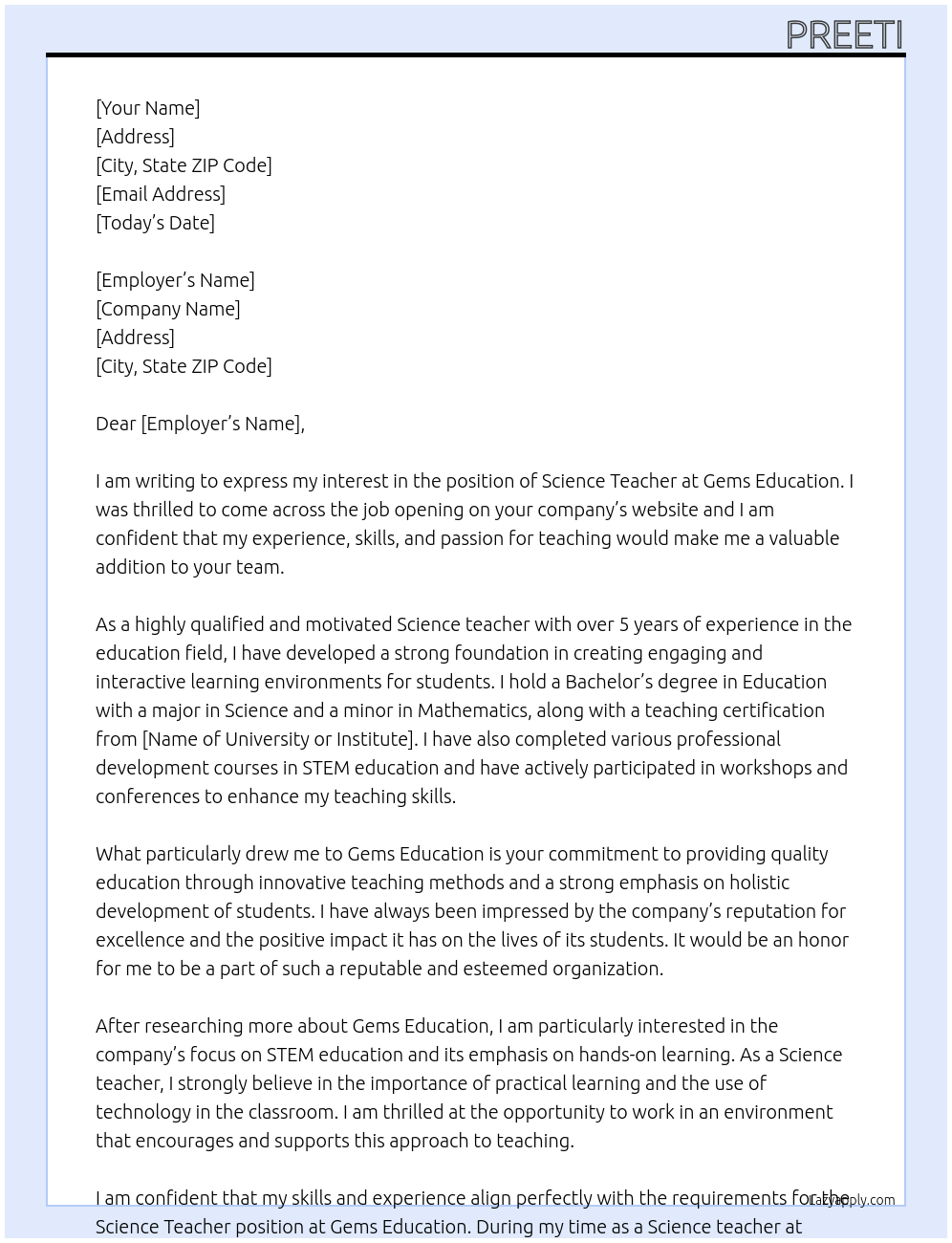 science teacher At Gems education Cover Letter