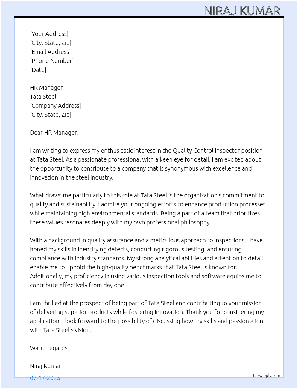 Quality Control Inspector At Tata steel Cover Letter
