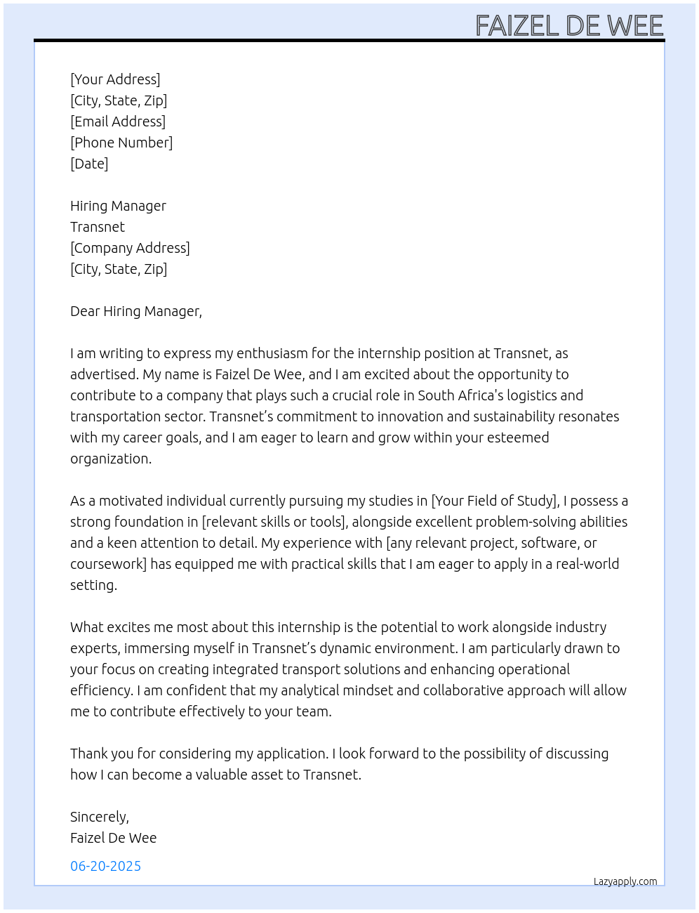 Internship At Transnet Cover Letter