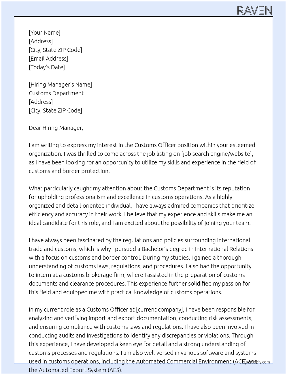 Customs officer At Customs department Cover Letter