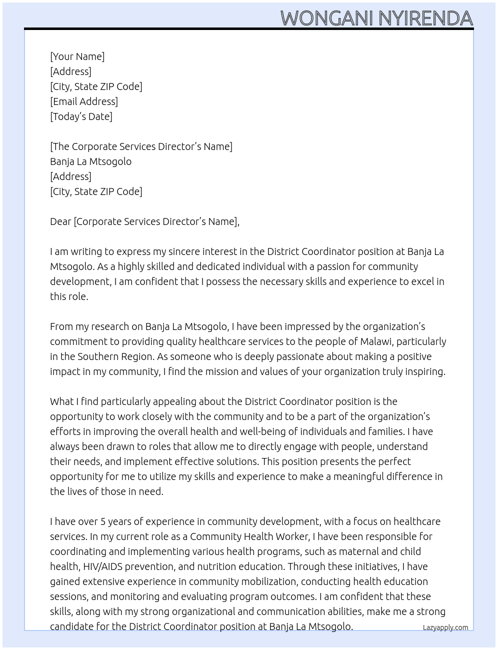 DISTRICT COORDINATOR At Banja La Mtsogolo Cover Letter