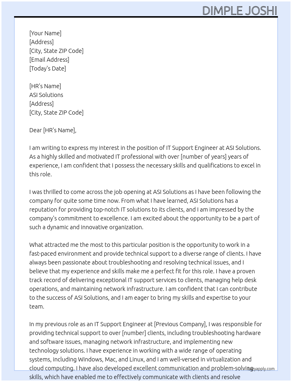 IT support engineer At ASI solutions Cover Letter