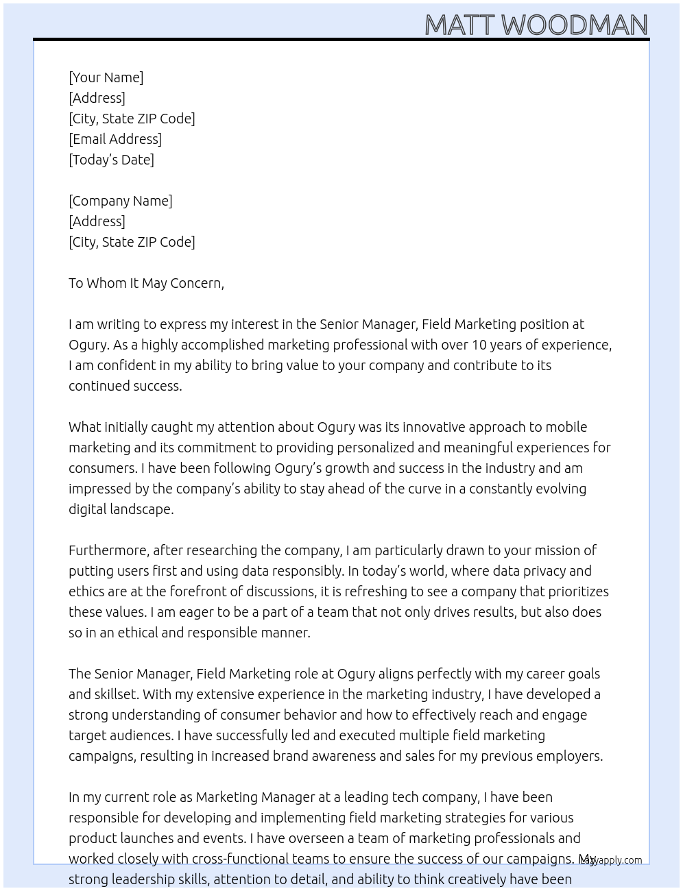 Senior Manager, Field Marketing At Ogury Cover Letter