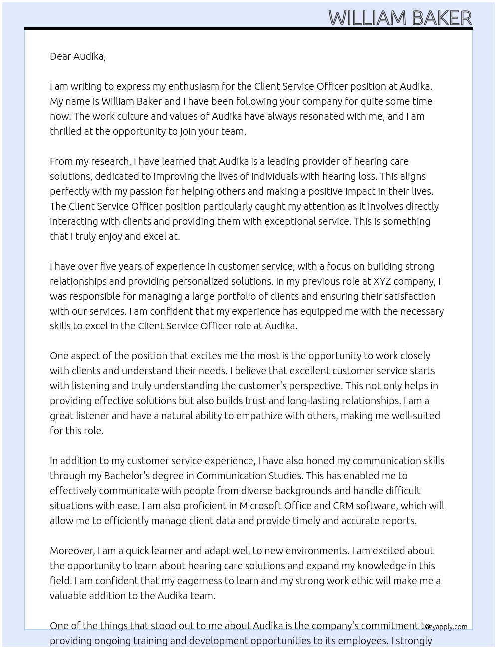 Client Service Officer At Audika Cover Letter