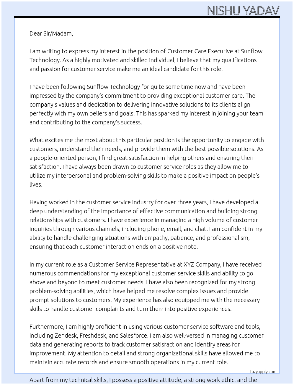 Customer Care Executive At Sunflow technology Cover Letter