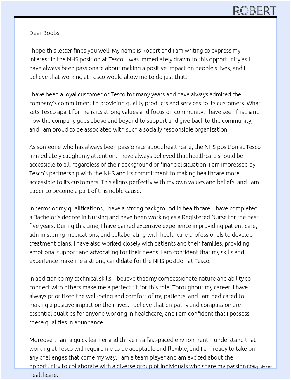 Nhs At Tesco Cover Letter