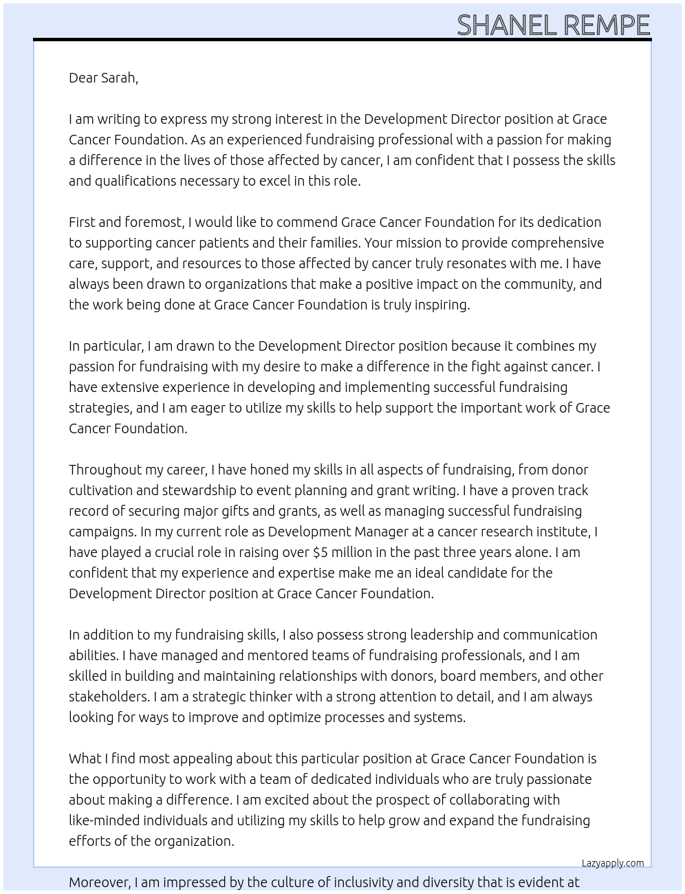 Cover letter for development director - LazyApply