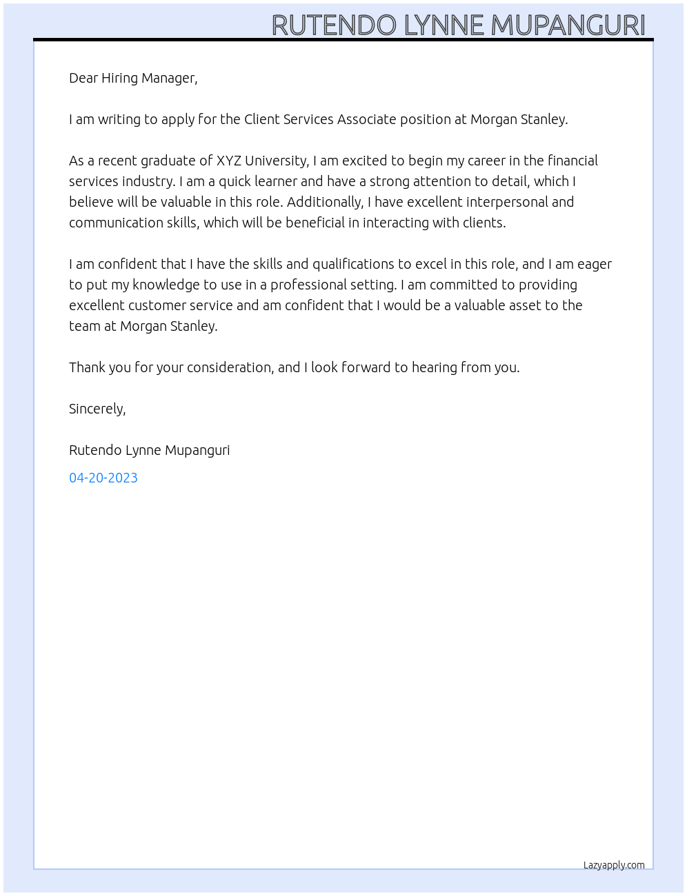 Client Services Associate At Morgan Stanley Cover Letter