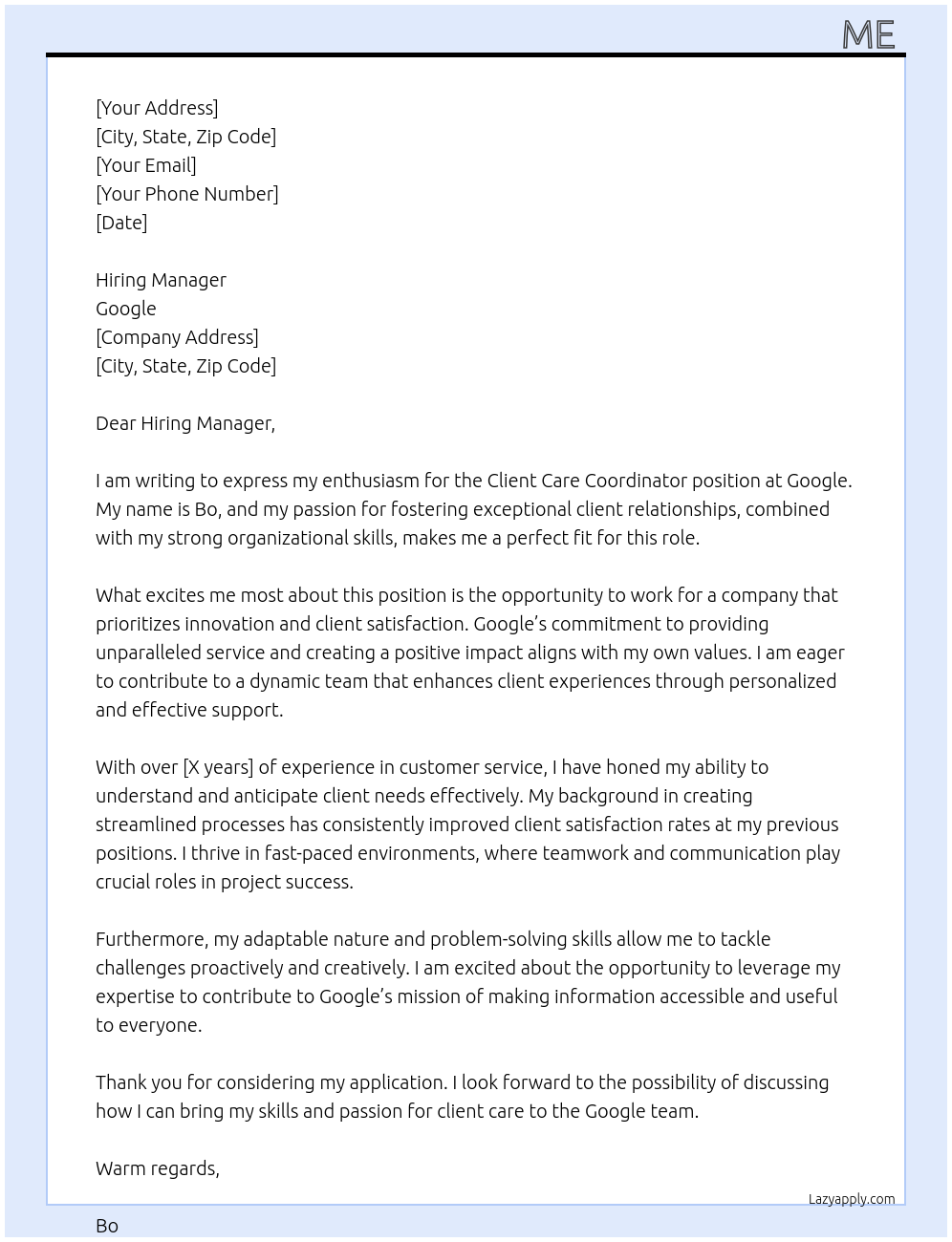 Client Care Coordinator At Google Cover Letter