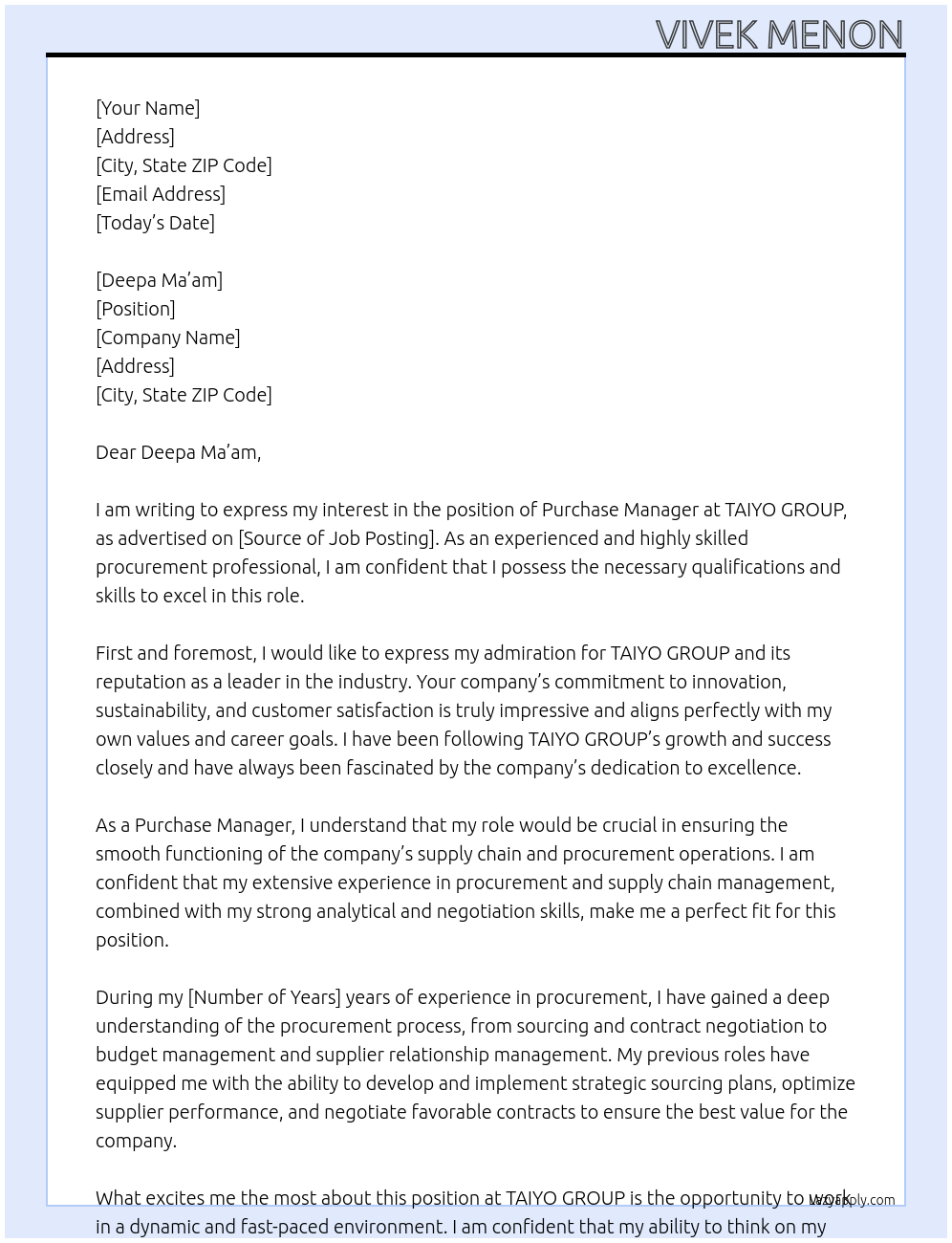 Purchase Manager At TAIYO GROUP Cover Letter