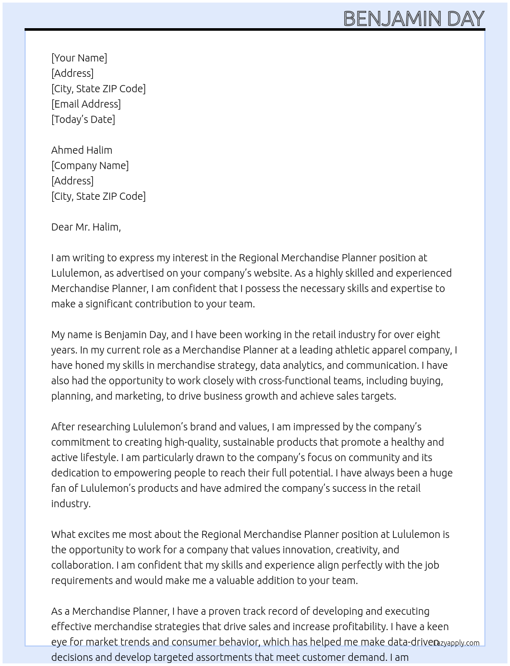 Regional Merchandise Planner At Lululemon Cover Letter