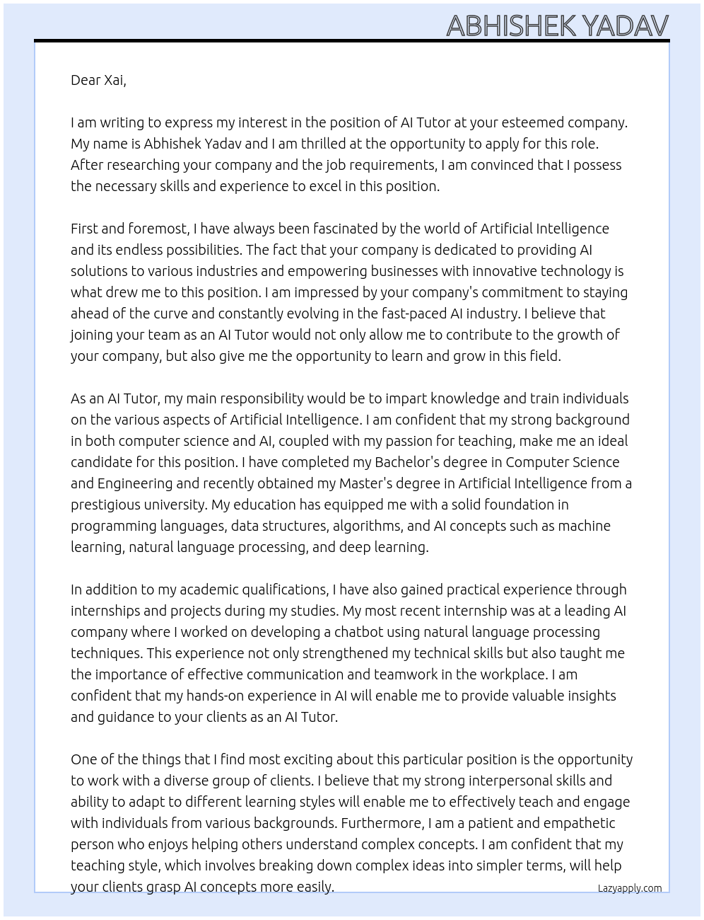ai tutor At xai Cover Letter