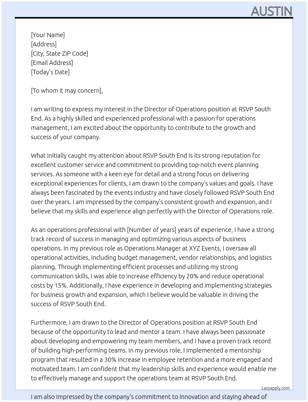 Director of Operations At RSVP South End Cover Letter