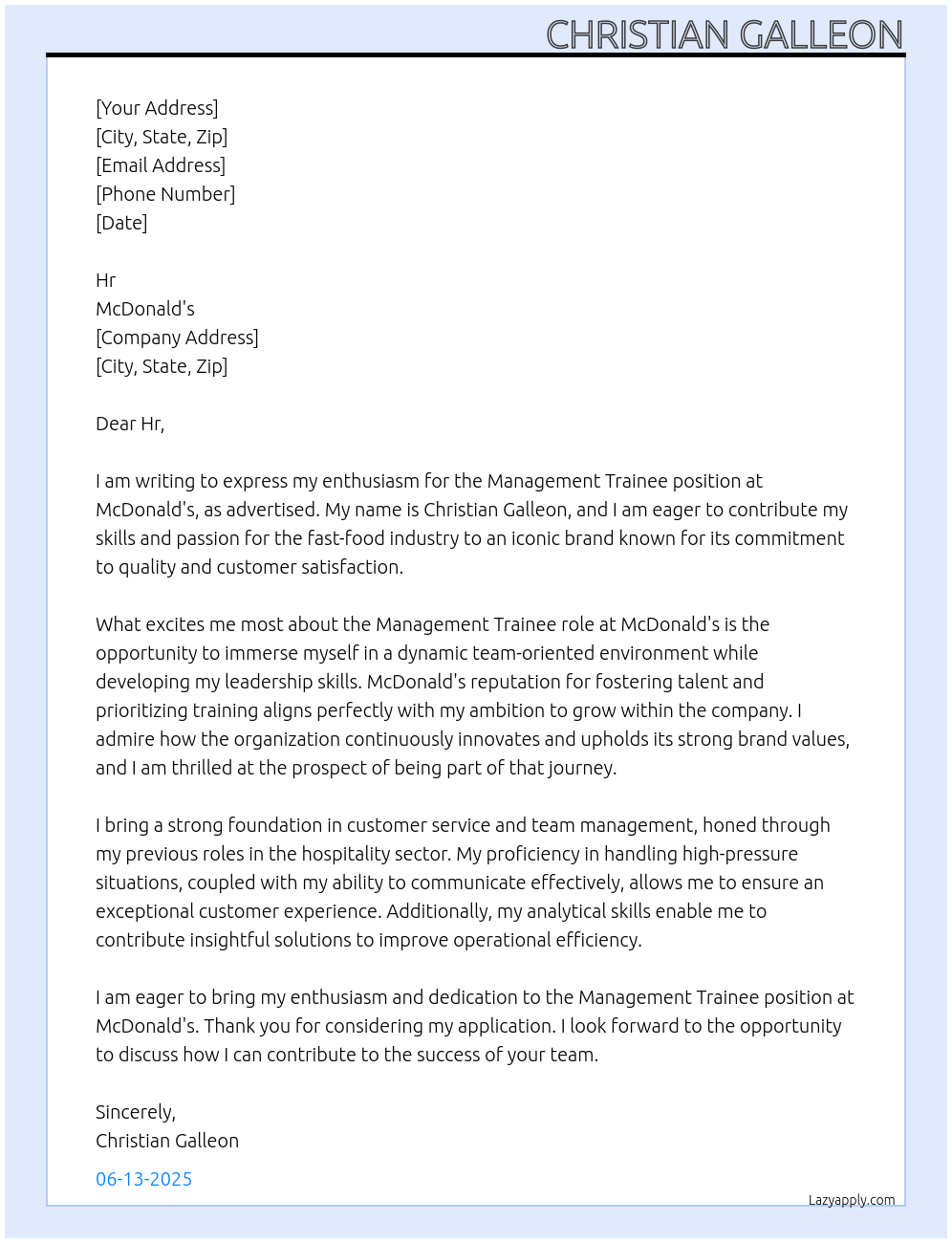 Management trainee At McDonald's Cover Letter