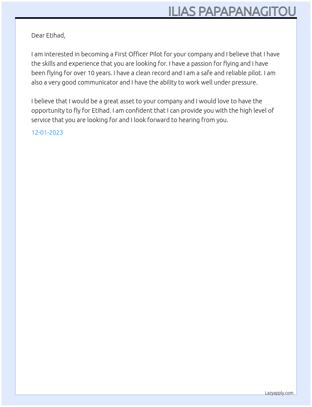 FIRST OFFICER PILOT At ETIHAD Cover Letter