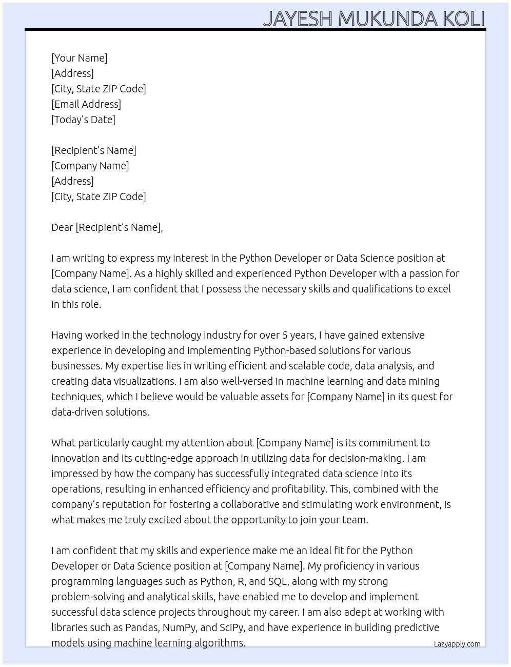 Cover letter for python developer or data science - LazyApply