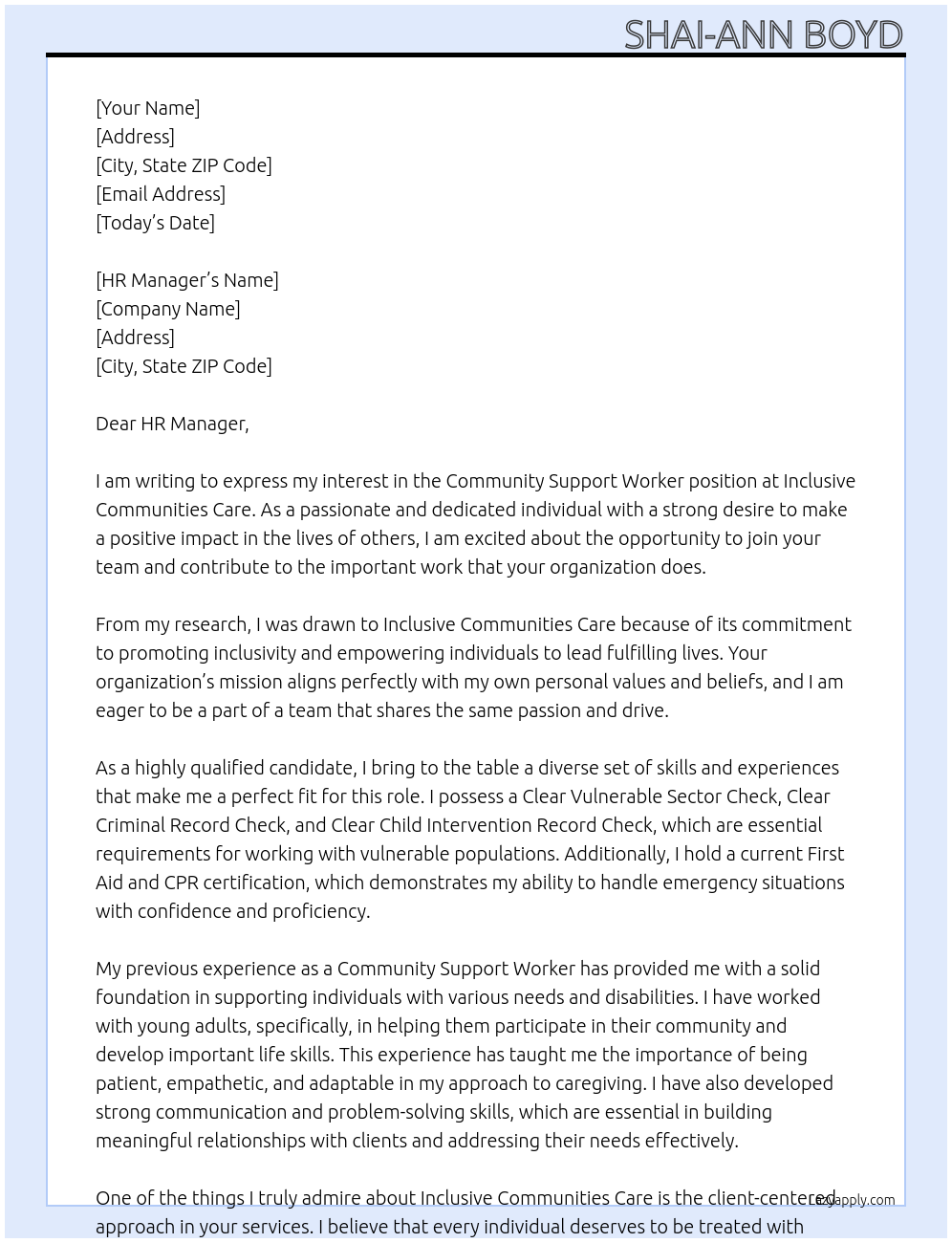 Community Support Worker At Inclusive Communities Care Cover Letter