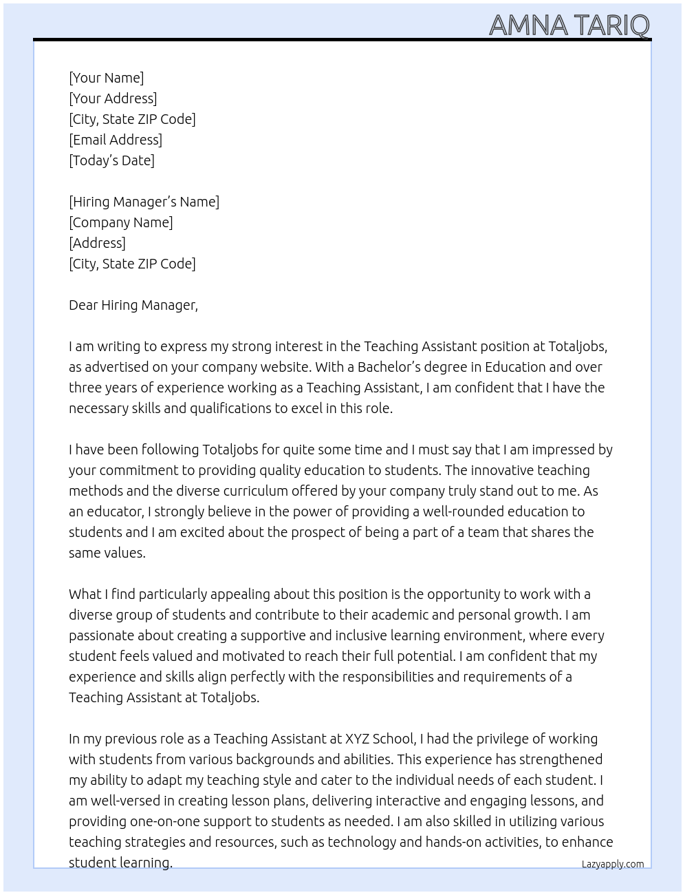 Teaching Assistant At totaljobs Cover Letter