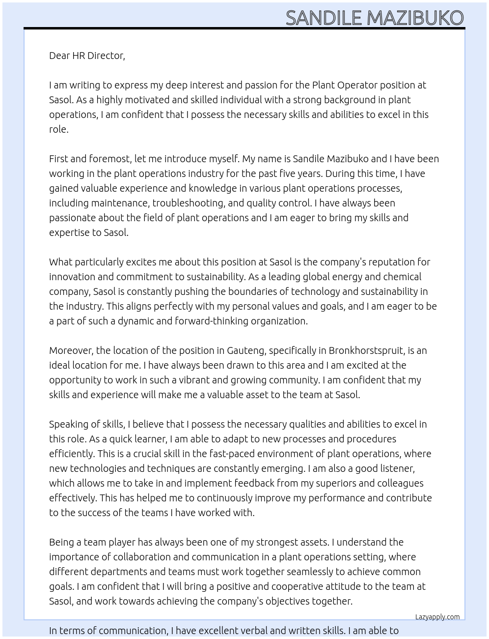 Plant Operator At Sasol Cover Letter